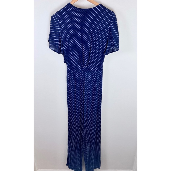 Leith Womens Tie Front Jumpsuit Small Navy Blue White Polka Dot Short Sleeve - Picture 7 of 9